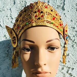 Balinese Golden Goddess Headpiece – Tribal Crown for Dance, Ritual, or Costume